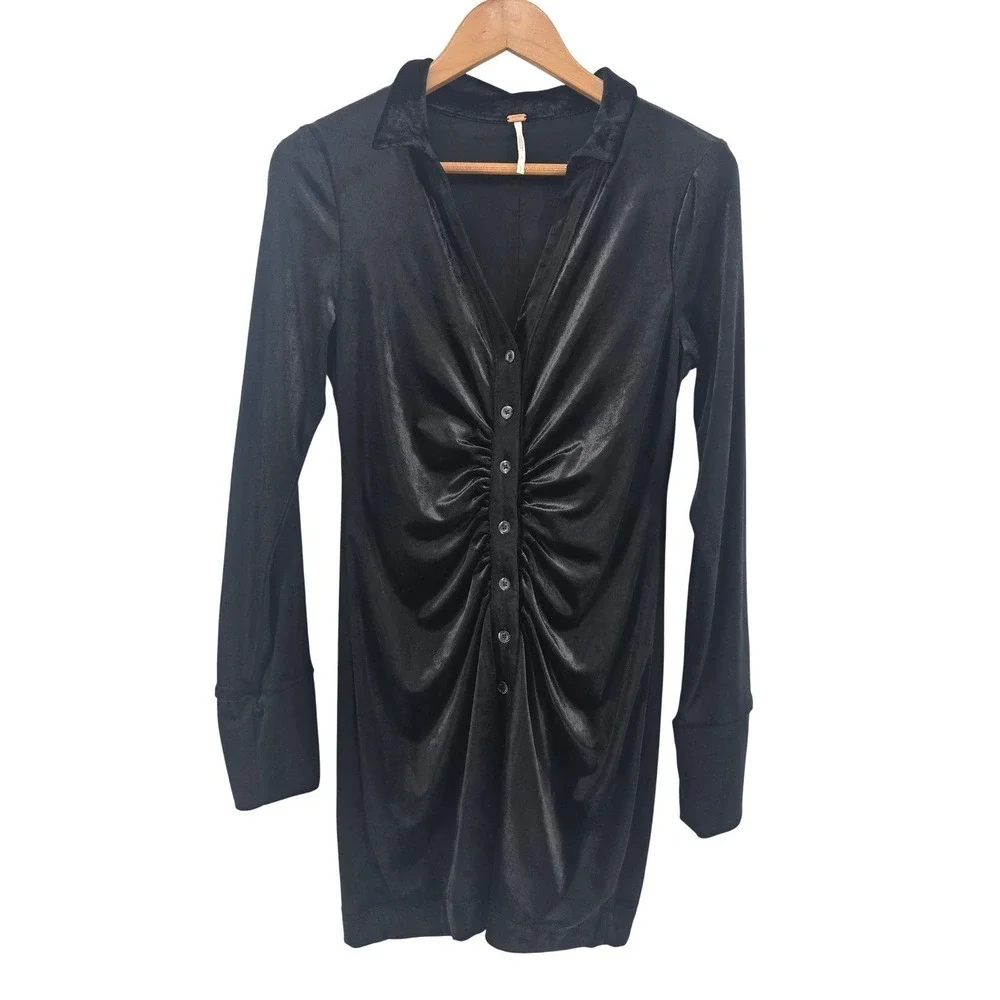 Free People Mini Dress Womens S Black Lucky You Ruched Velvet Button Front